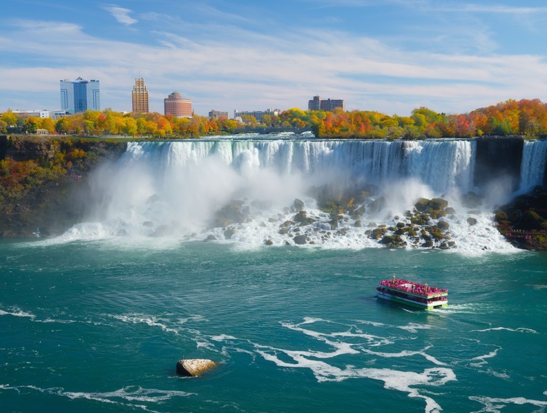 A small red river boats is seen enjoying the views of Niagra falls. 