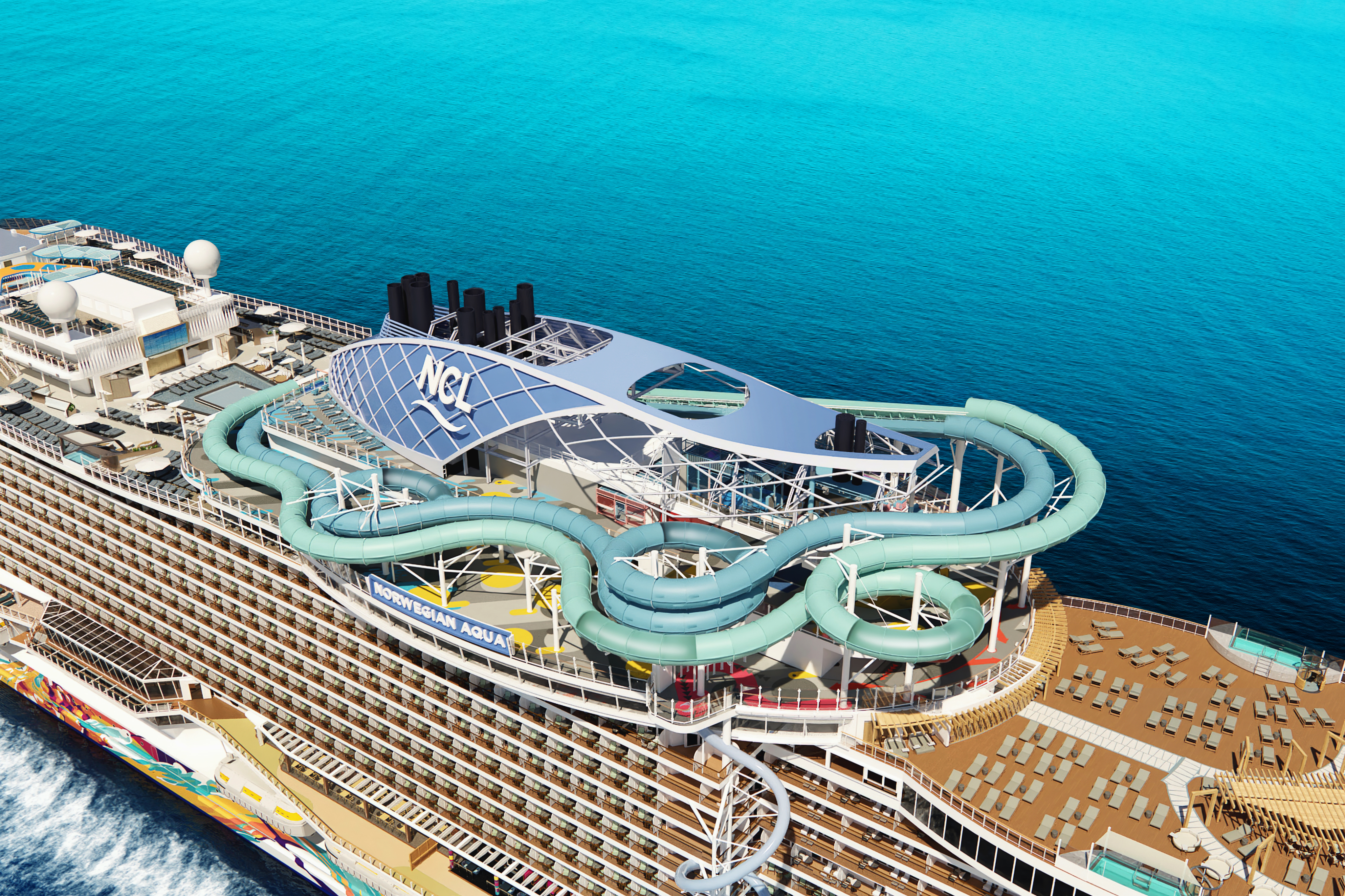 Norwegian cruise ship water slide against blue ocean